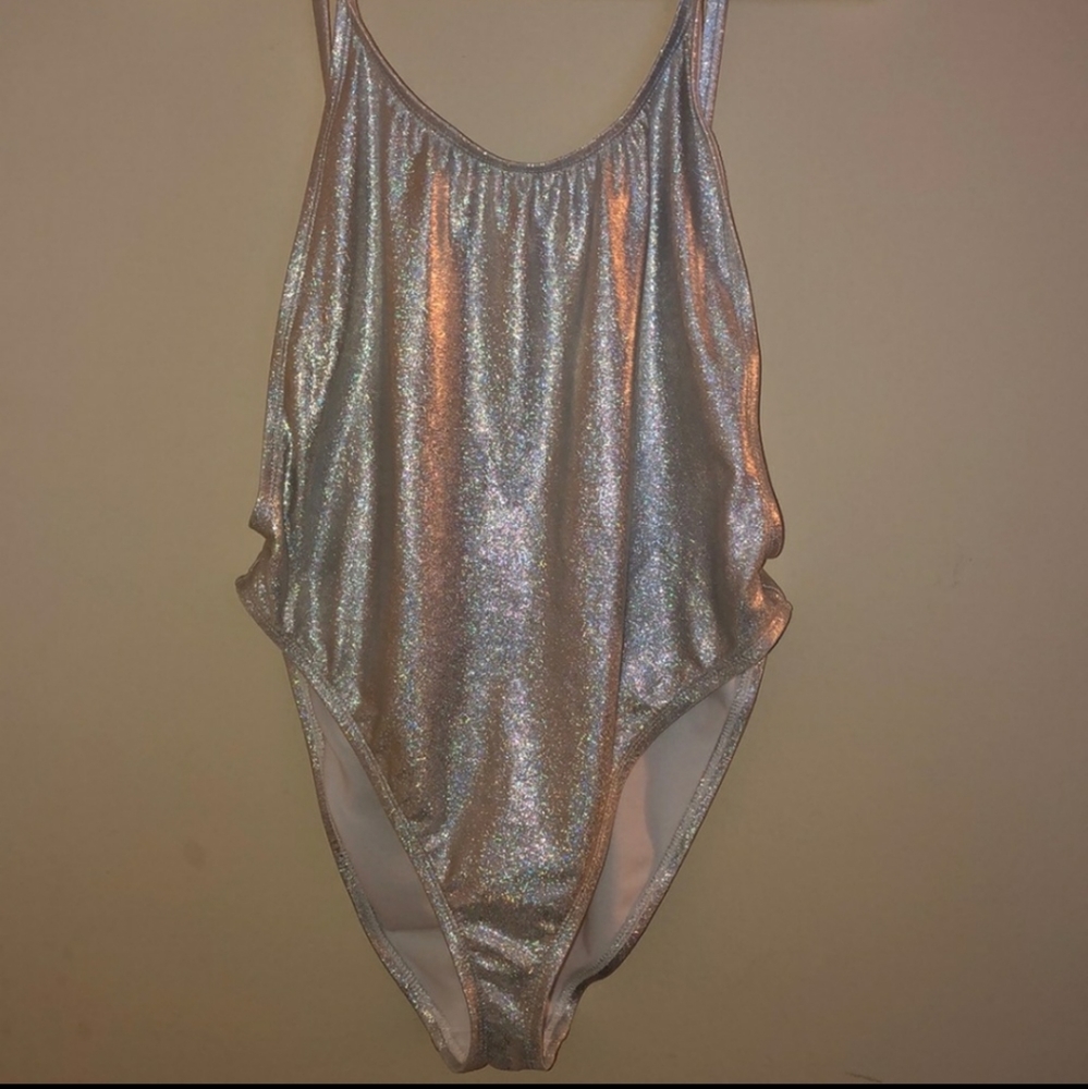 Silver holographic one piece body suit